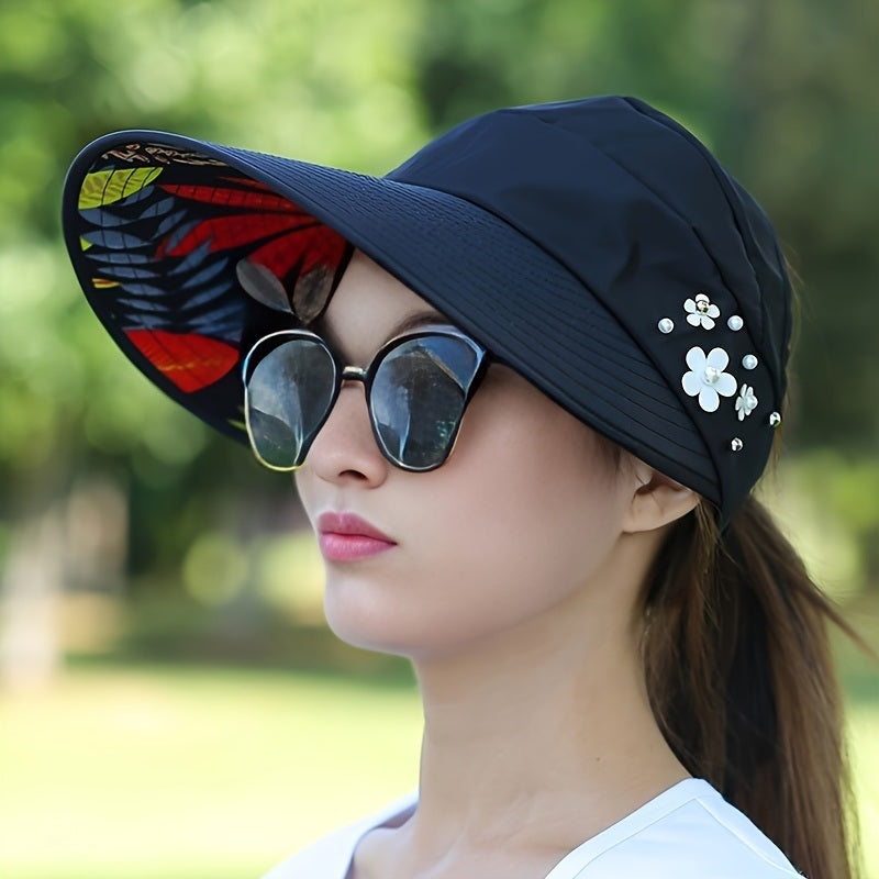 Wide Brim Sun Visor Foldable Picnic Hat Beach UV Protection Scallop Cap For Outdoor With Faux Pearl & Flower; Women's Hat & Caps Doba